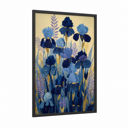 Midnight Iris Garden framed art print — black wood frame — blue and gold palette