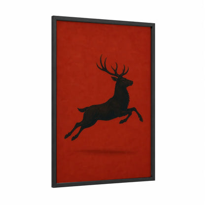Leaping Elk Silhouette Wall Art framed deer print — black wood frame — red and black and red palette