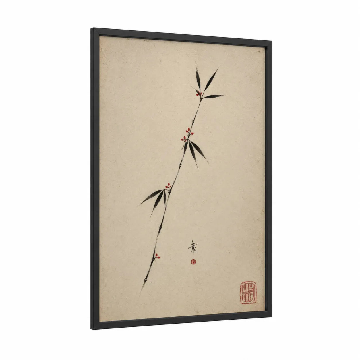 Japanese Bamboo Branch Wall Art framed art print — black wood frame — black and white and beige palette