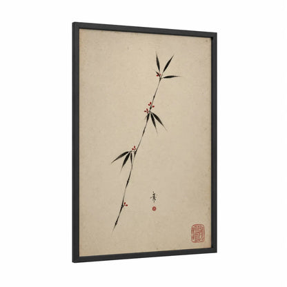 Japanese Bamboo Branch Wall Art framed art print — black wood frame — black and white and beige palette