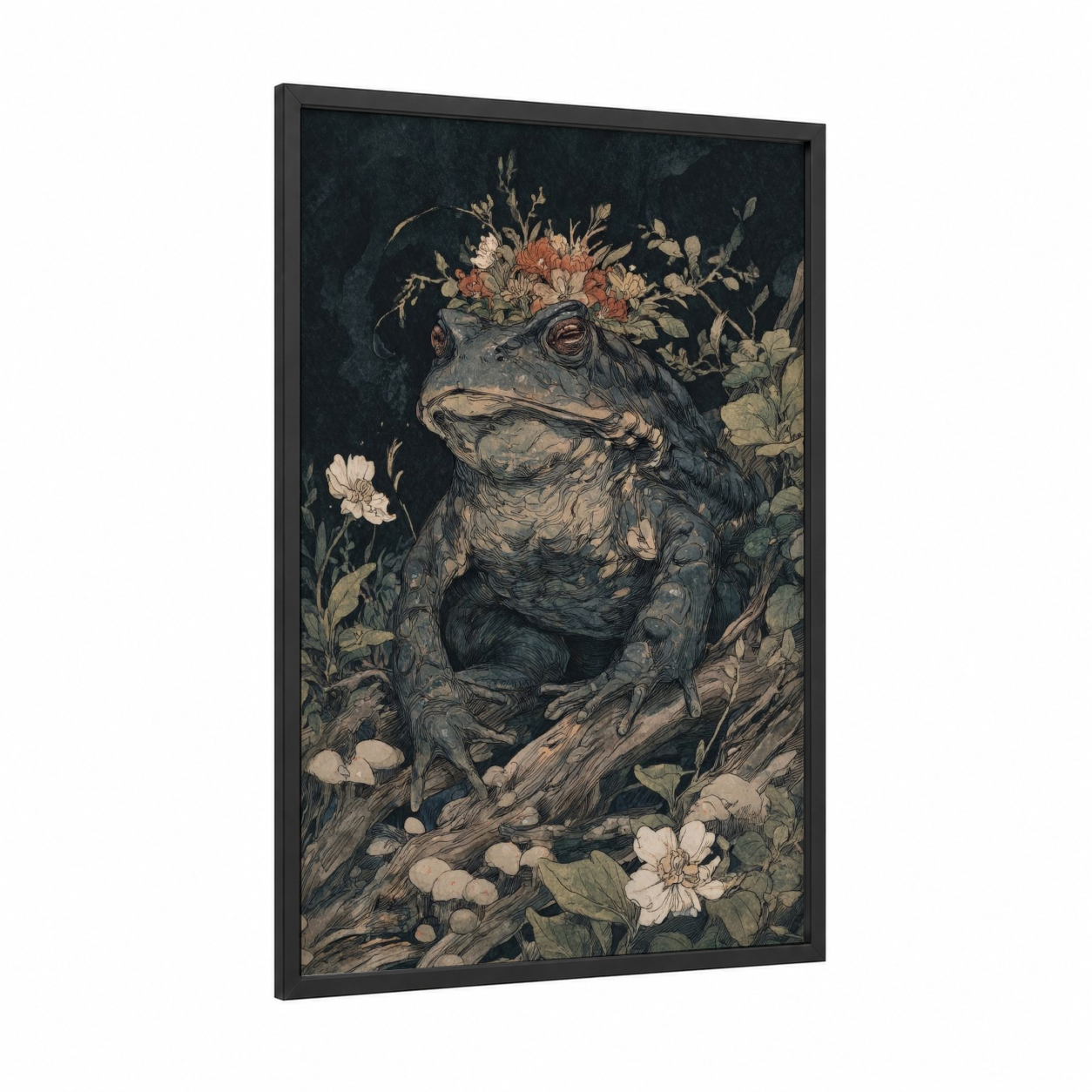 Crowned Toad framed frogs and toads print — black wood frame — dove gray and cream palette