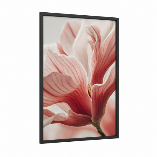 Crimson Magnolia Bloom framed art print — black wood frame — salmon pink and red palette