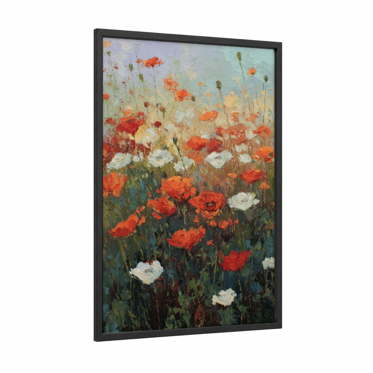 Vibrant Poppy Field framed poppies print — black wood frame — red and cream palette