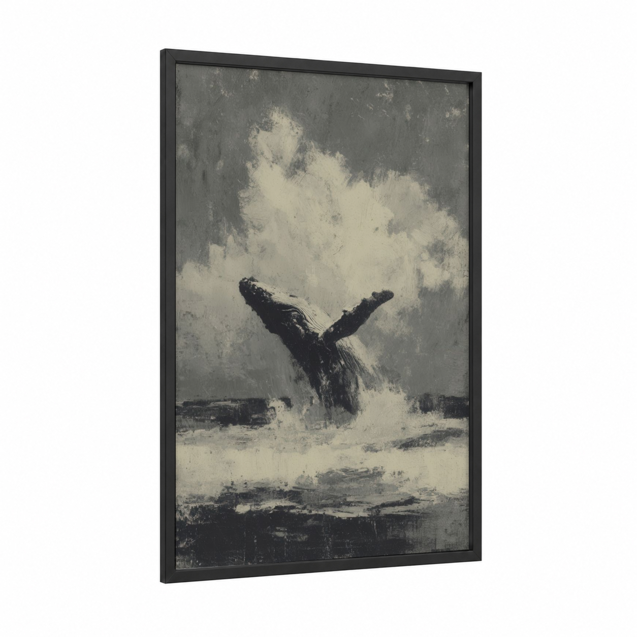 Breaching Humpback framed humpback whale print — black wood frame — gray and black and white palette