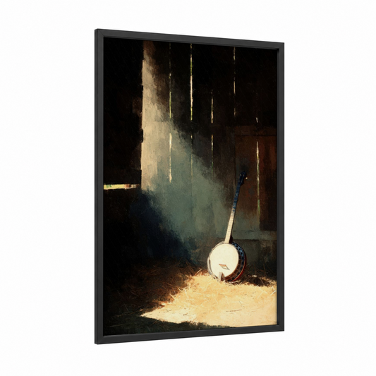 Rustic Banjo framed art print — black wood frame — gold and black palette