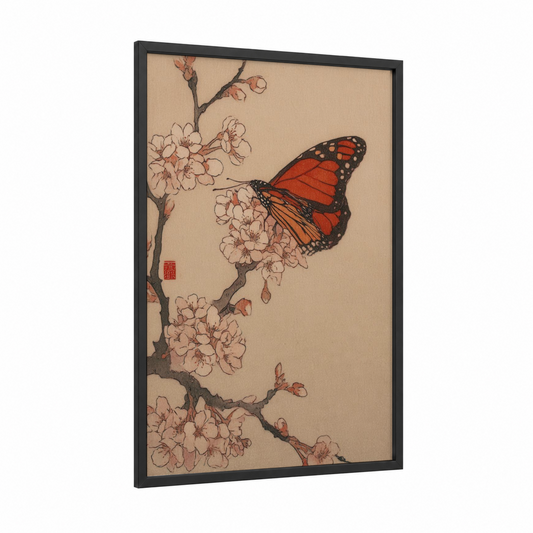 Monarch Cherry Blossom framed butterfly print — black wood frame — peach and cream palette