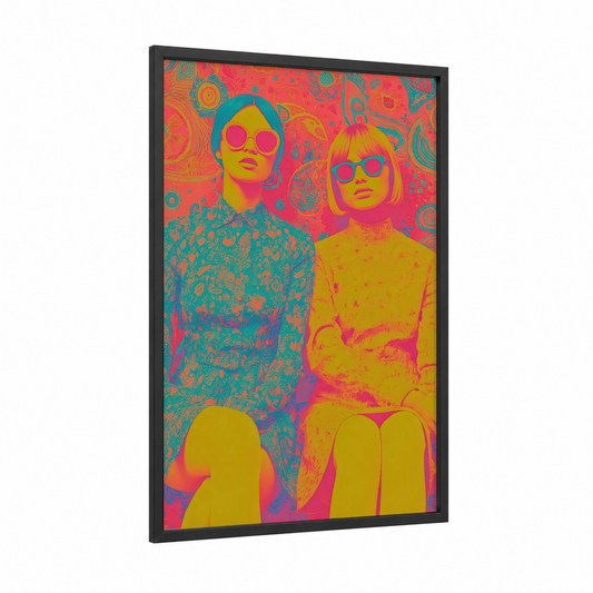 Groovy Duo framed retro fashion print — black wood frame — magenta and yellow gold palette