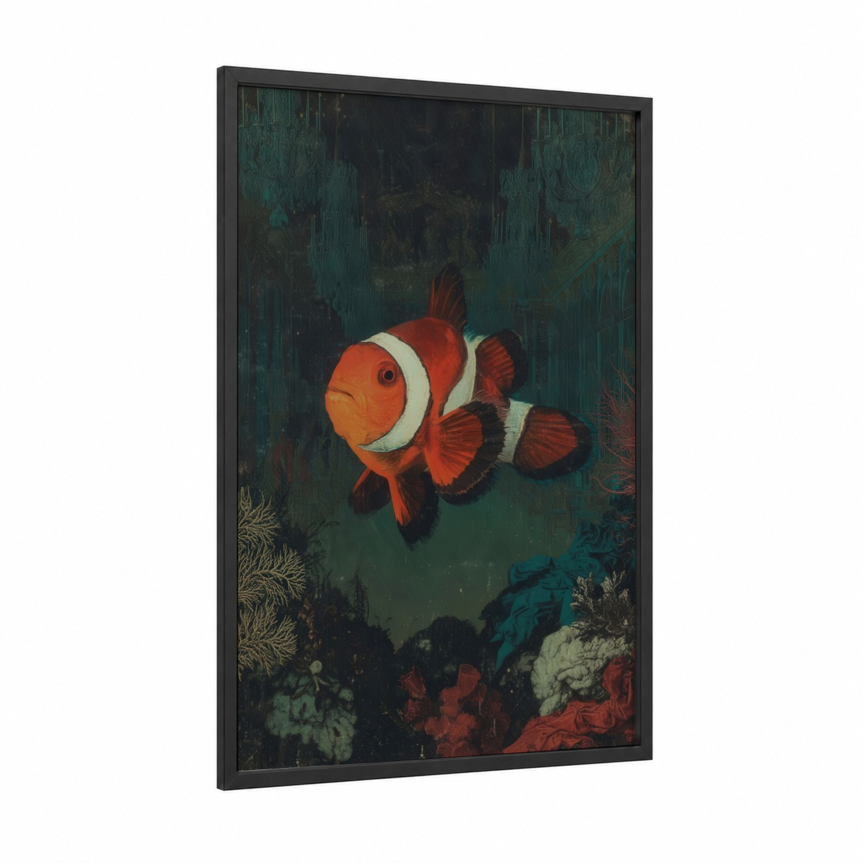 Coral Clownfish framed clown fish print — black wood frame — dark green and red palette