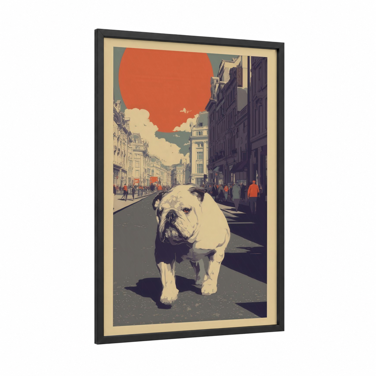 Urban Bulldog framed art print — black wood frame — pumpkin and gray palette