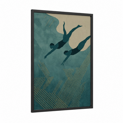 Synchronized Diving Duo framed synchronized swimming print — black wood frame — teal and gold palette