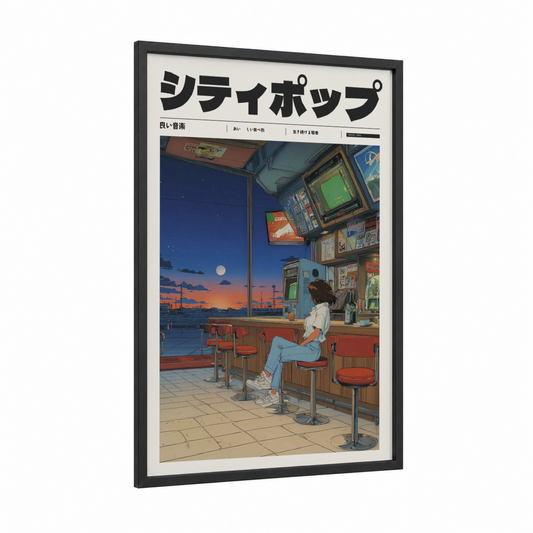 Sunset Diner Solitude framed anime and manga print — black wood frame — blue and orange palette