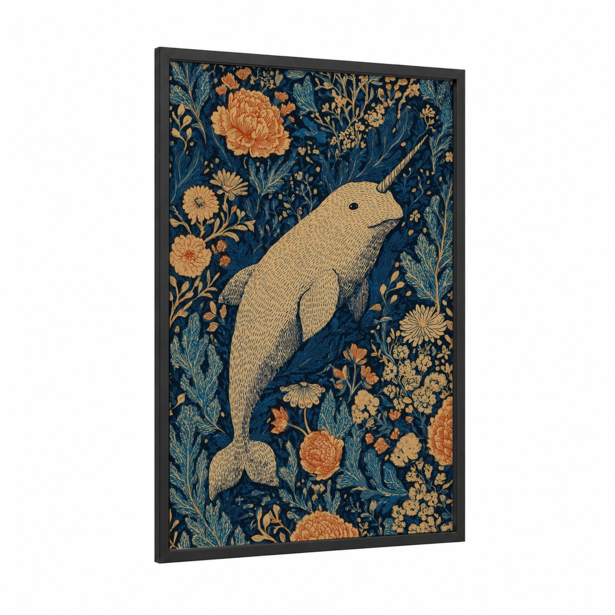 Floral Narwhal framed art print — black wood frame — dark blue and gold palette