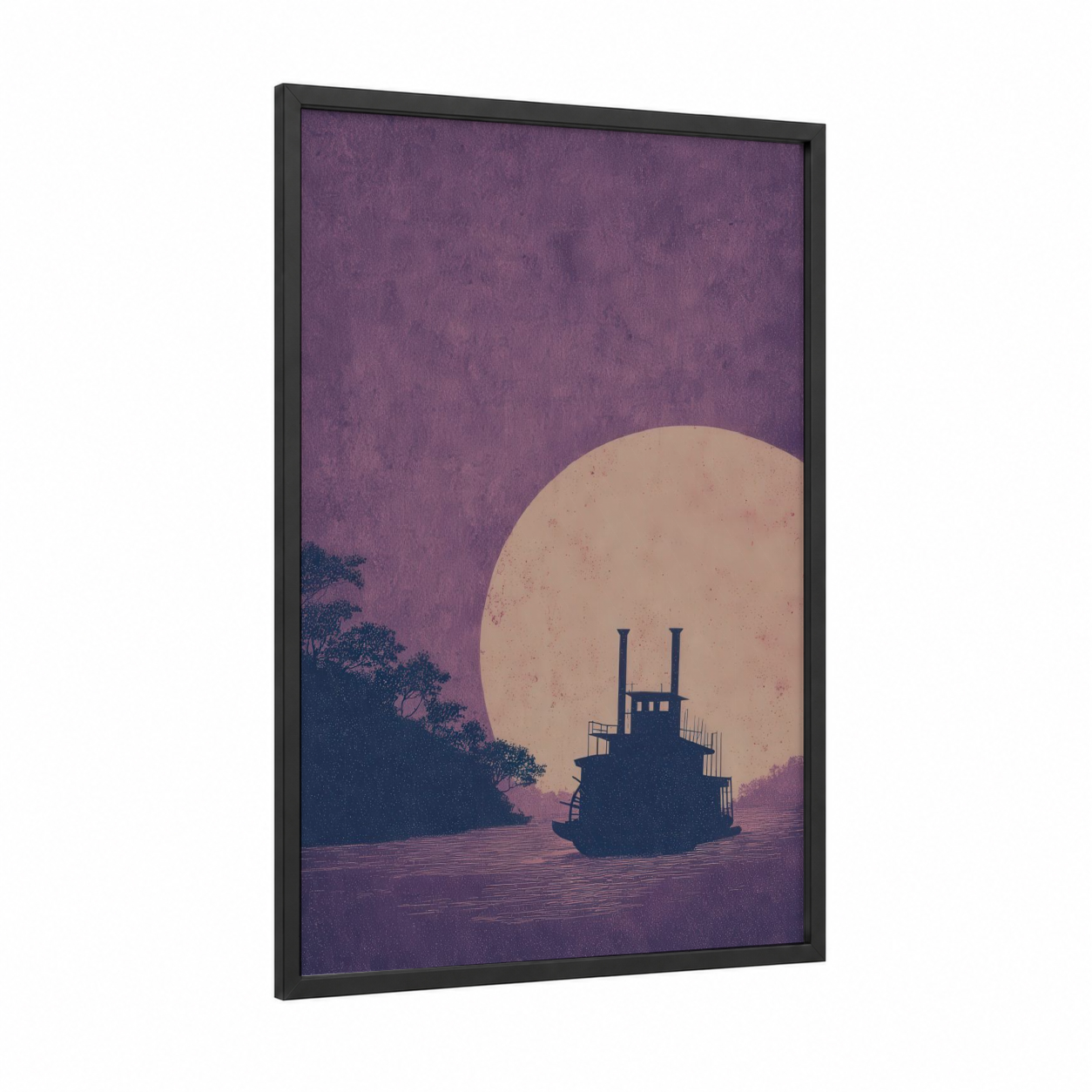 Moonlit Steamboat framed old ships print — black wood frame — purple and gold palette