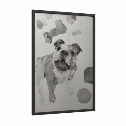 Playful Bulldog framed art print — black wood frame — gray and black and white palette