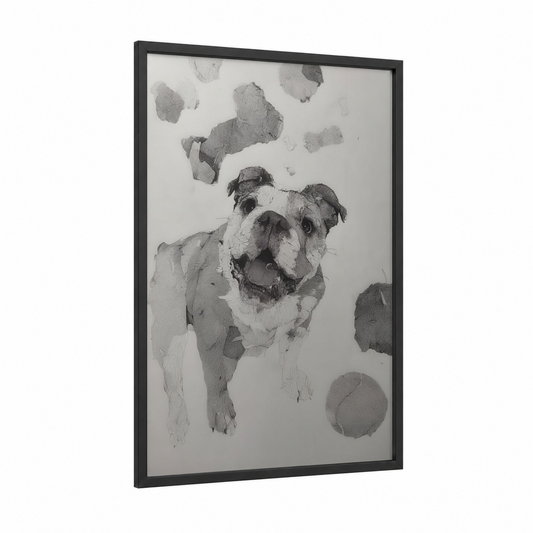 Playful Bulldog framed art print — black wood frame — gray and black and white palette
