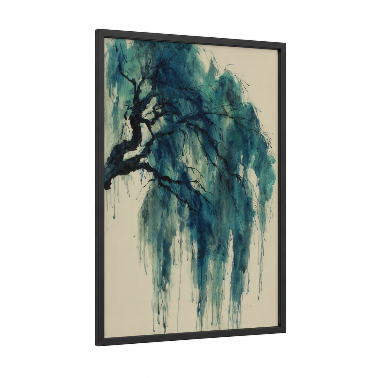 Weeping Willow framed willow tree print — black wood frame — teal and cream palette