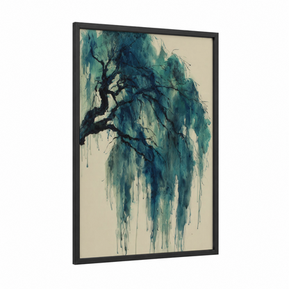 Weeping Willow framed willow tree print — black wood frame — teal and cream palette