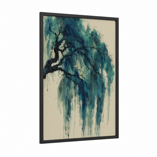 Weeping Willow framed willow tree print — black wood frame — teal and cream palette