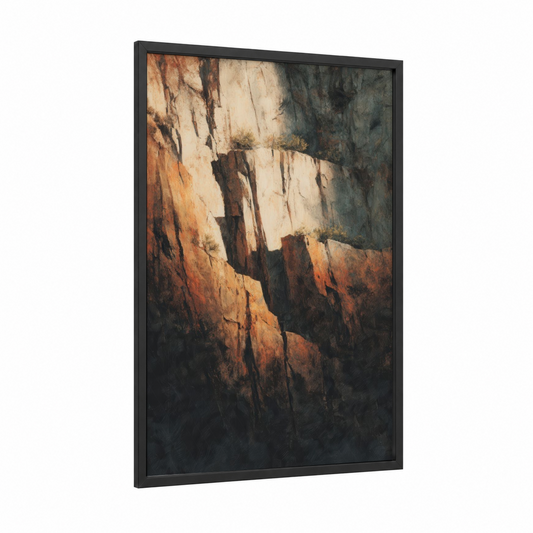 Ochre Canyon Passage framed natural stones print — black wood frame — russet and cream palette