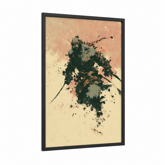 Ethereal Orc Warrior framed art print — black wood frame — black and peach palette