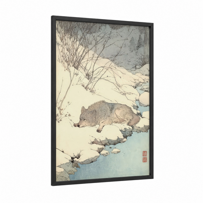 Winter Wolf framed art print — black wood frame — blue and white and dove gray palette