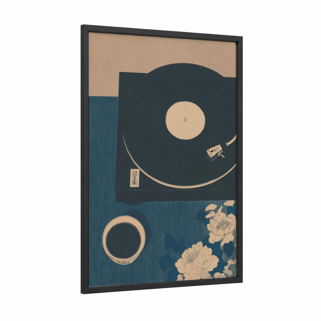 Vintage Vinyl Player framed vinyl records print — black wood frame — dark blue and cream palette