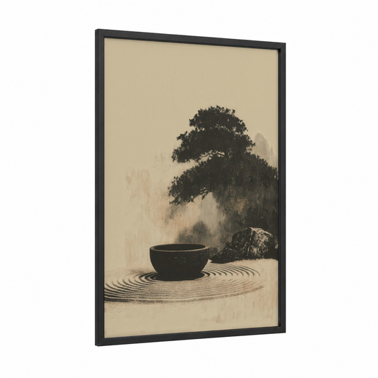 Zen Tea Ceremony framed art print — black wood frame — beige and black palette