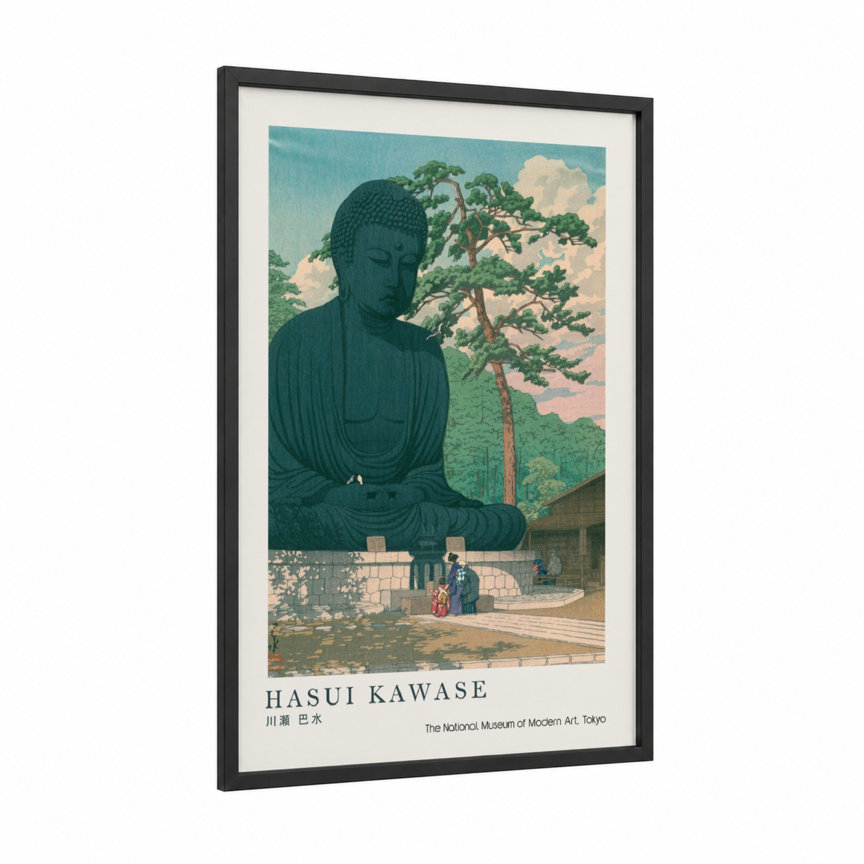 Serene Buddha Temple framed art print — black wood frame — teal and green palette