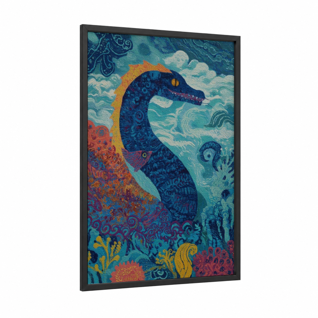 Mystical Sea Serpent framed loch ness monster print — black wood frame — teal and gold palette