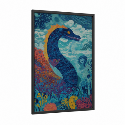 Mystical Sea Serpent framed loch ness monster print — black wood frame — teal and gold palette