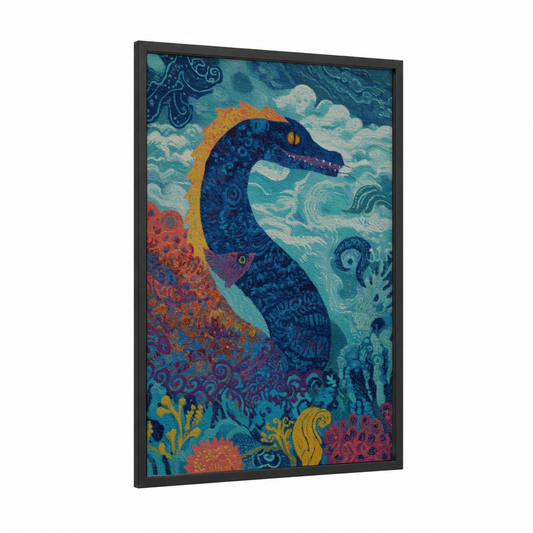 Mystical Sea Serpent framed loch ness monster print — black wood frame — teal and gold palette