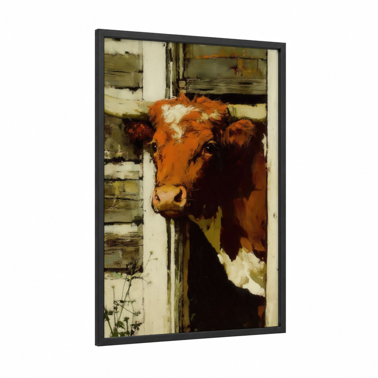 Barn Longhorn framed longhorn cow print — black wood frame — russet and cream palette