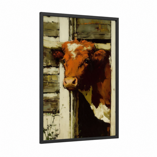 Barn Longhorn framed longhorn cow print — black wood frame — russet and cream palette