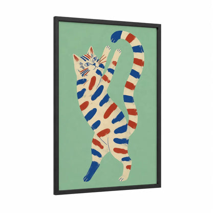 Striped Cat Contemporary Wall Art framed art print — black wood frame — blue and red palette