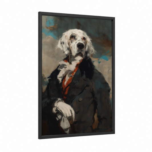 Dapper Setter framed art print — black wood frame — black and white and blue palette