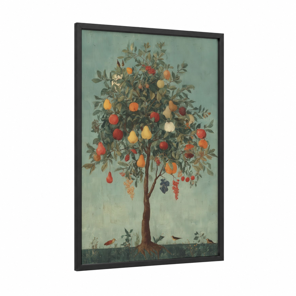 Abundant Fruit Tree framed fruit trees print — black wood frame — sage green and gold and pink palette