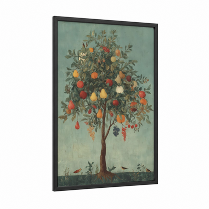 Abundant Fruit Tree framed fruit trees print — black wood frame — sage green and gold and pink palette