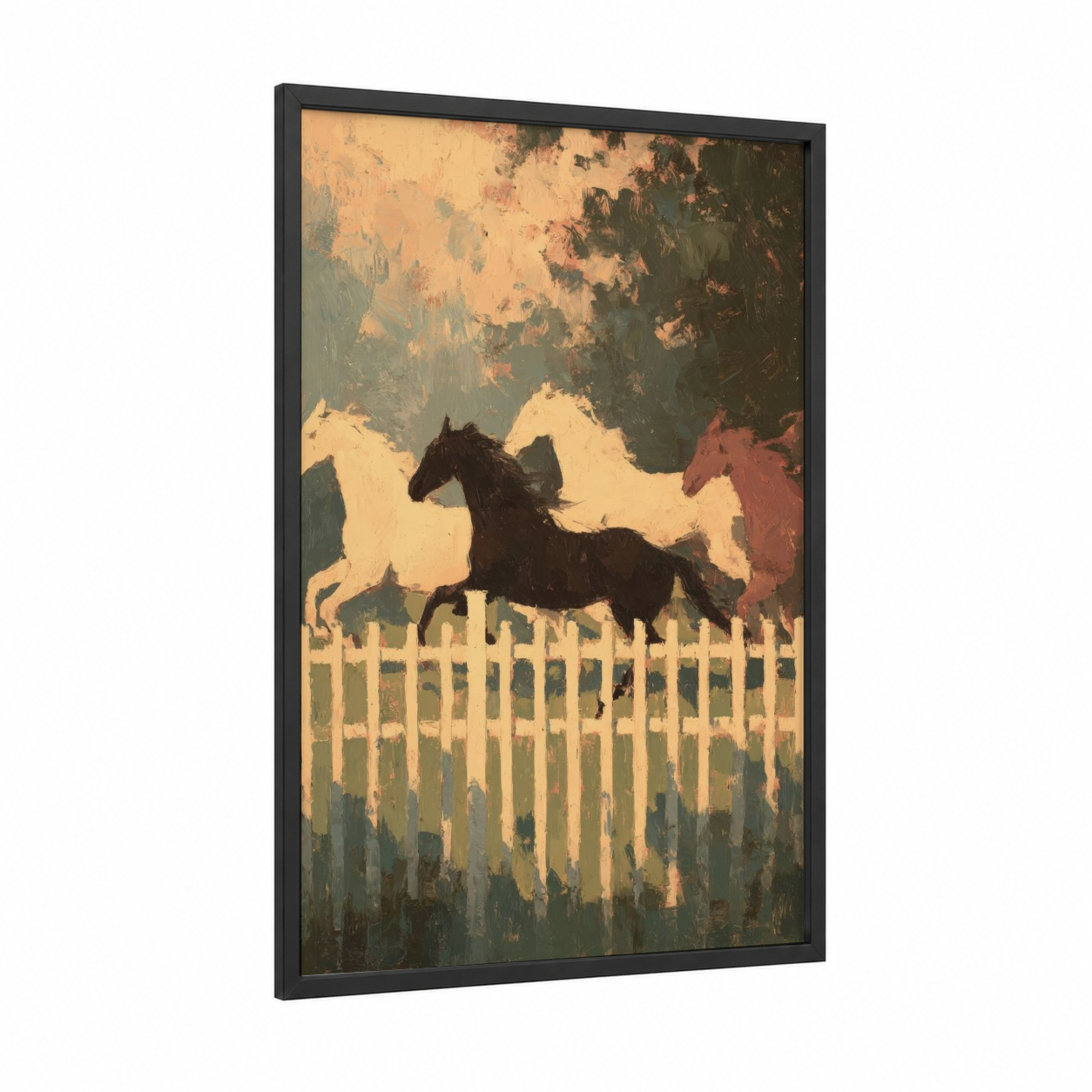Galloping Trio framed horse racing print — black wood frame — gold and dark green palette