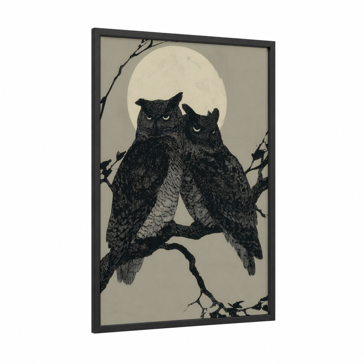 Moonlit Owl Pair framed animals in love print — black wood frame — black and white and cream palette