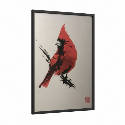 Crimson Cardinal framed art print — black wood frame — red and black and white palette