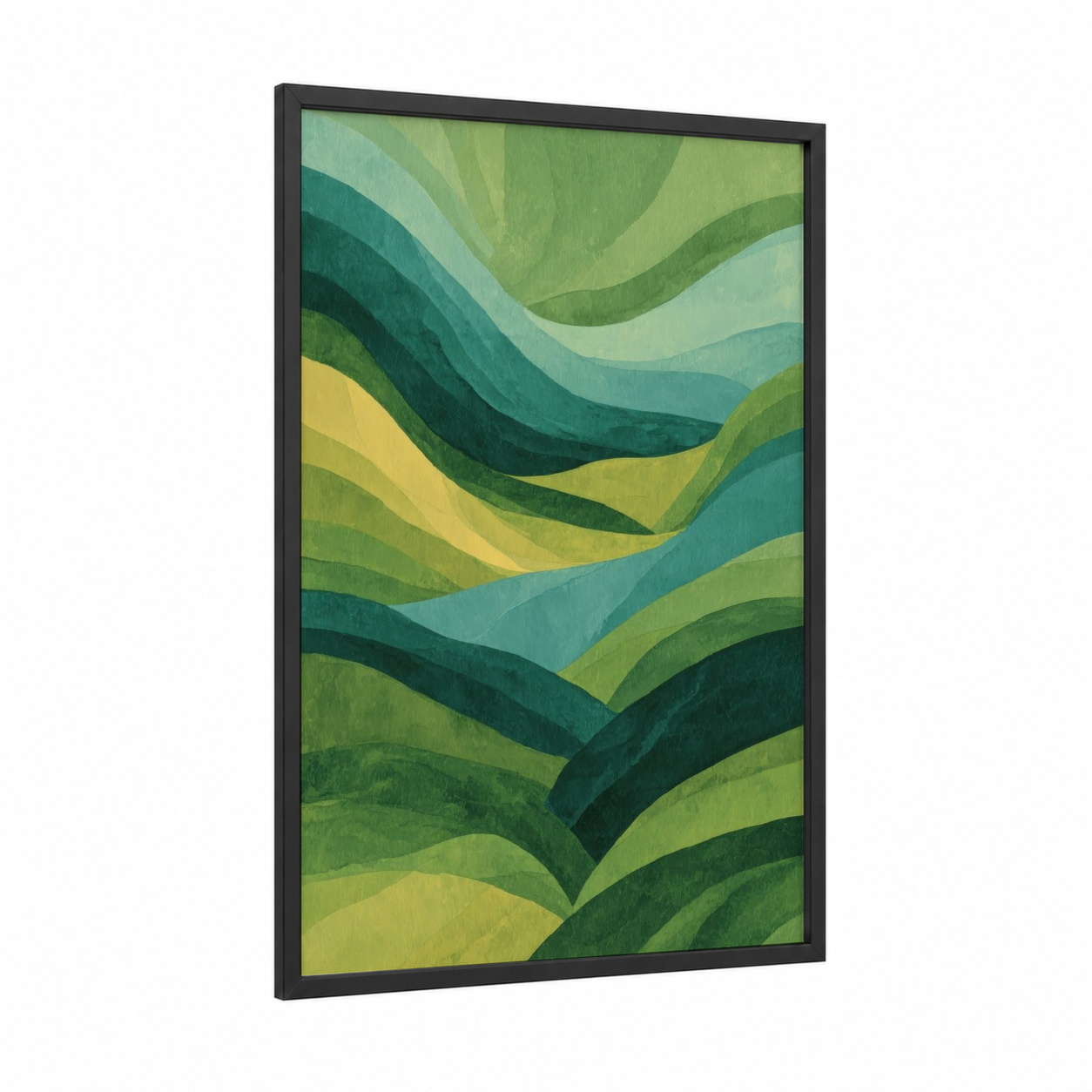 Verdant Waves framed green field print — black wood frame — green and yellow palette
