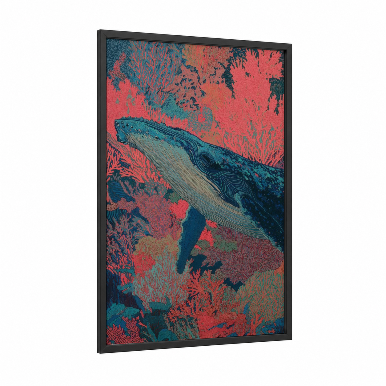 Coral Humpback framed humpback whale print — black wood frame — teal and salmon pink palette