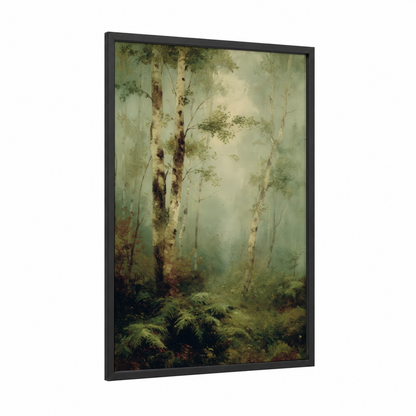 Misty Birch Forest framed birch tree print — black wood frame — light green and cream palette