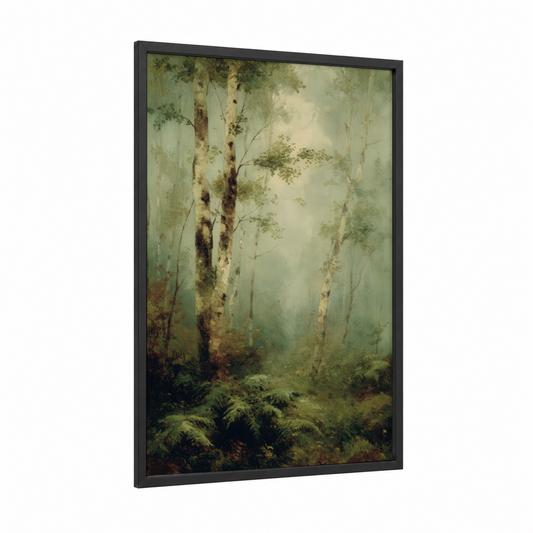 Misty Birch Forest framed birch tree print — black wood frame — light green and cream palette