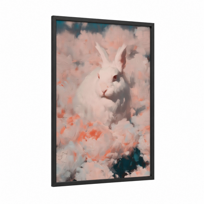 Snowy Rabbit Portrait framed art print — black wood frame — peach and gray palette