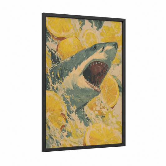 Citrus Shark Attack framed lemon shark print — black wood frame — yellow and blue and green palette