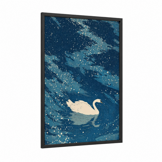 Celestial Swan framed space print — black wood frame — dark blue and gold palette