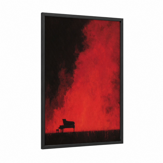 Crimson Stage Piano framed art print — black wood frame — red and black palette