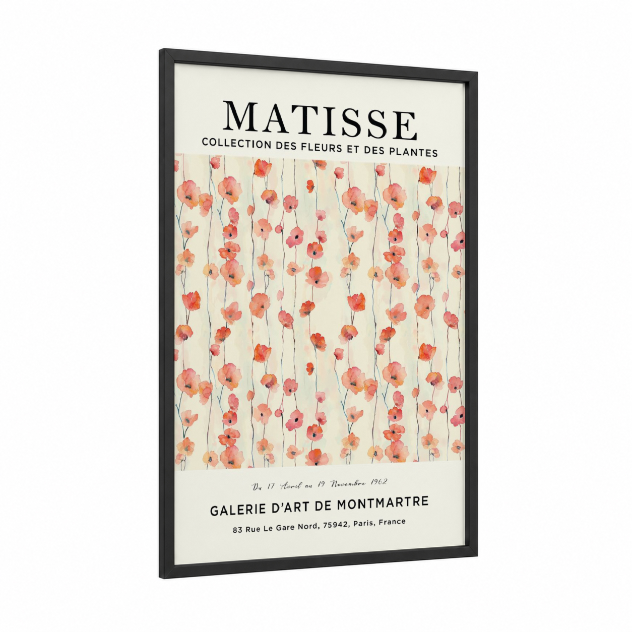 Poppy Garden framed abstract flower print — black wood frame — peach and cream palette