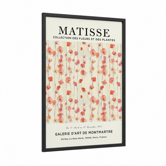 Poppy Garden framed abstract flower print — black wood frame — peach and cream palette
